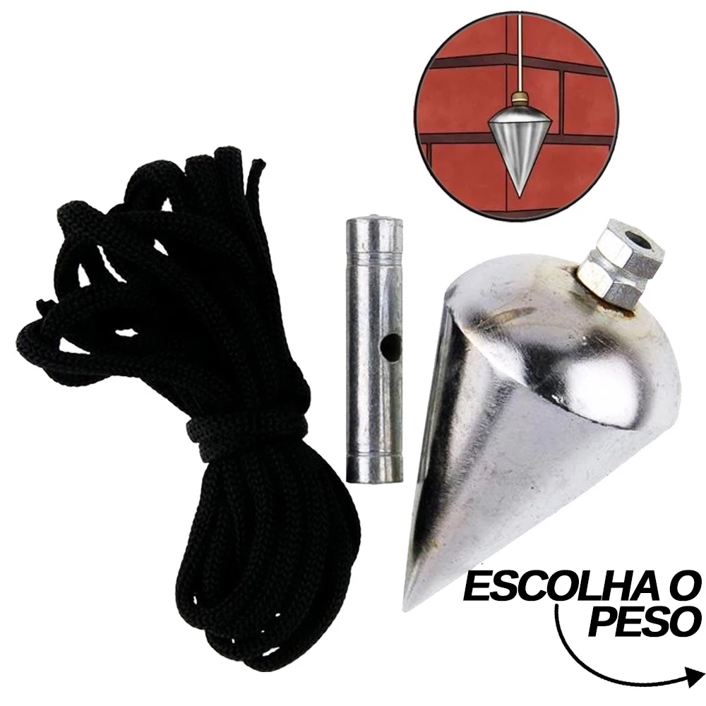 Prumo de Centro 200g a 500g Construção Pedreiro Obra Corpo em Aço Cromado Corda Nylon