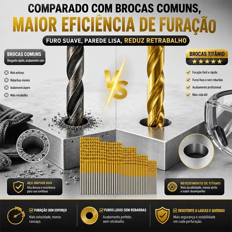 kit 50 brocas hss de aço rápido com titânio para furadeira, metal, madeira e plástico
